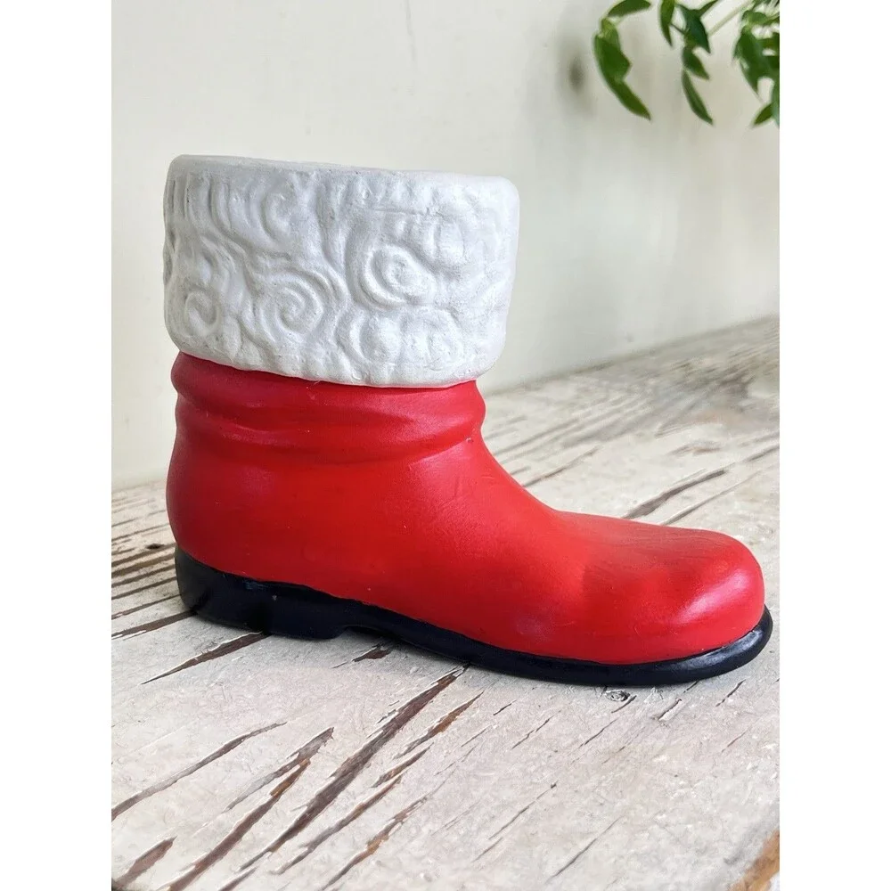 Vintage Hand Painted Ceramic Christmas Santa Boot Candy Cane Holder / Planter